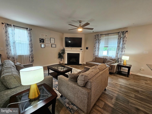 529 Birchwood Dr, Salisbury, MD 21804 - living area featuring wood finished floors, a ceiling fan, baseboards, and a fireplace