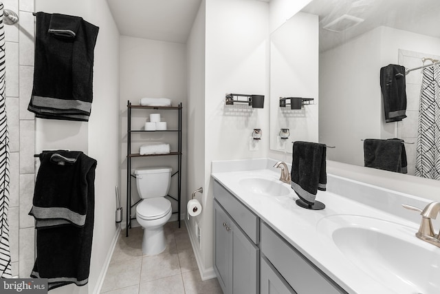 325 Hickory Ridge Cir, York, PA 17404 - bathroom with double vanity, toilet, tile patterned flooring, a shower with shower curtain, and baseboards