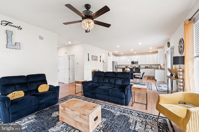 325 Hickory Ridge Cir, York, PA 17404 - living room with light wood-type flooring, a ceiling fan, and recessed lighting