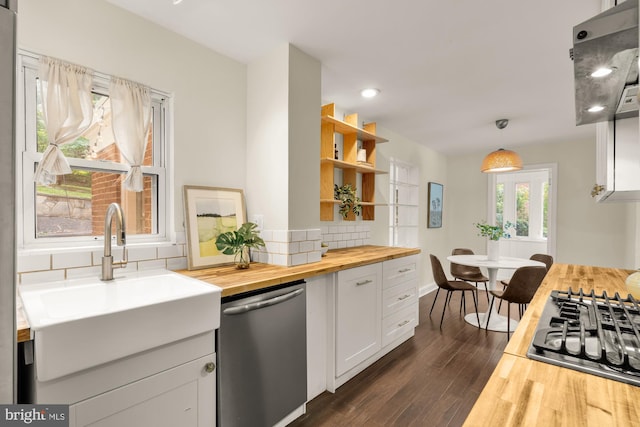 7307 15th Ave, Takoma Park, MD 20912 - kitchen featuring wooden counters, stainless steel dishwasher, gas cooktop, backsplash, and open shelves
