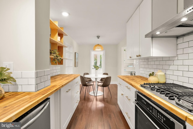 7307 15th Ave, Takoma Park, MD 20912 - kitchen featuring wooden counters, under cabinet range hood, appliances with stainless steel finishes, open shelves, and recessed lighting