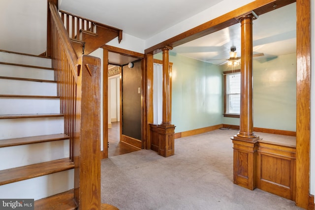 215 W Main St, Newmanstown, PA 17073 - staircase featuring ornate columns, carpet flooring, and ceiling fan