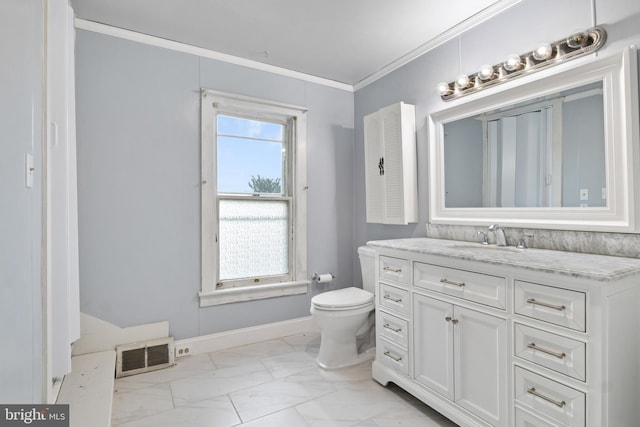 215 W Main St, Newmanstown, PA 17073 - bathroom with marble look tile flooring, vanity, toilet, ornamental molding, and baseboards