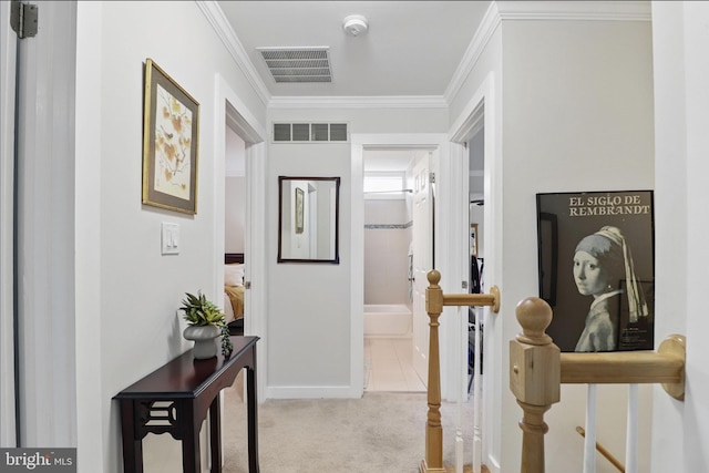 1367 Cedar Ave, Annapolis, MD 21403 - hallway with an upstairs landing, carpet flooring, ornamental molding, and baseboards