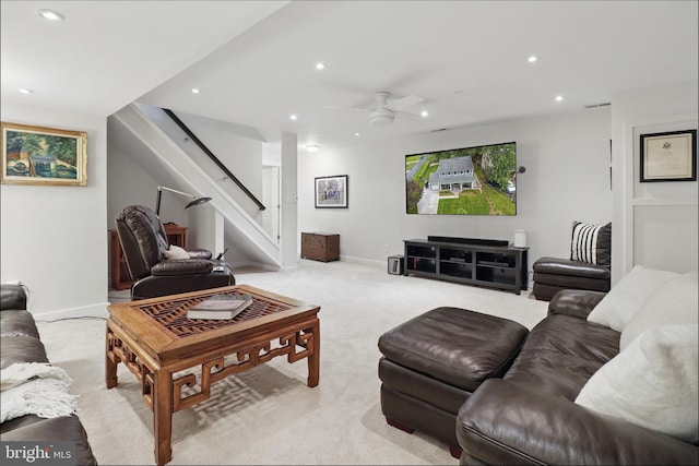 1367 Cedar Ave, Annapolis, MD 21403 - carpeted living room featuring stairway, a ceiling fan, recessed lighting, and baseboards