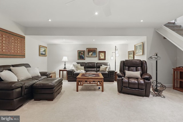 1367 Cedar Ave, Annapolis, MD 21403 - carpeted living area featuring recessed lighting, stairs, and a ceiling fan