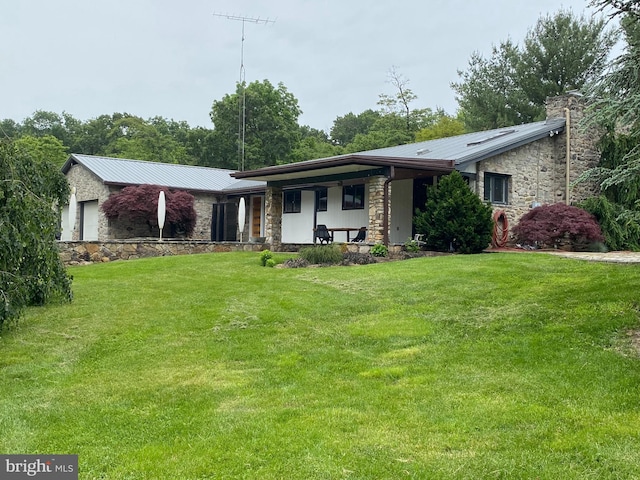21333 Ruble Rd, Boonsboro, MD 21713 - view of front of home featuring stone siding, covered porch, a front lawn, and metal roof