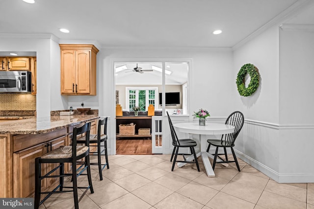 363 Colket Ln, Wayne, PA 19087 - dining room with recessed lighting, a ceiling fan, light tile patterned floors, and crown molding