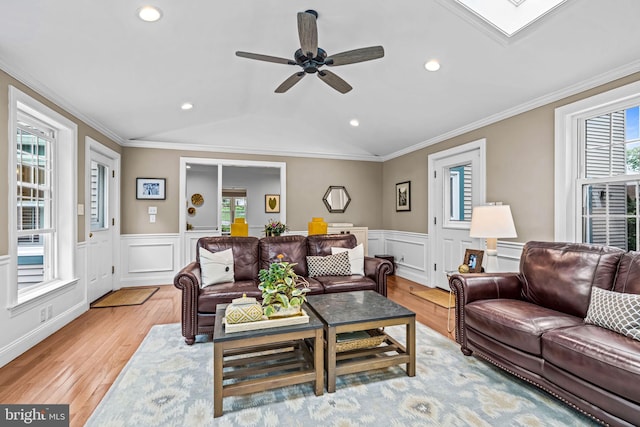363 Colket Ln, Wayne, PA 19087 - living room with light wood finished floors, wainscoting, ceiling fan, recessed lighting, and vaulted ceiling