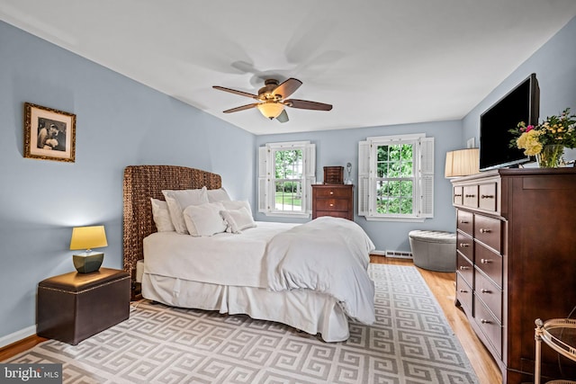 363 Colket Ln, Wayne, PA 19087 - bedroom featuring light wood finished floors, baseboards, ceiling fan, and a baseboard radiator