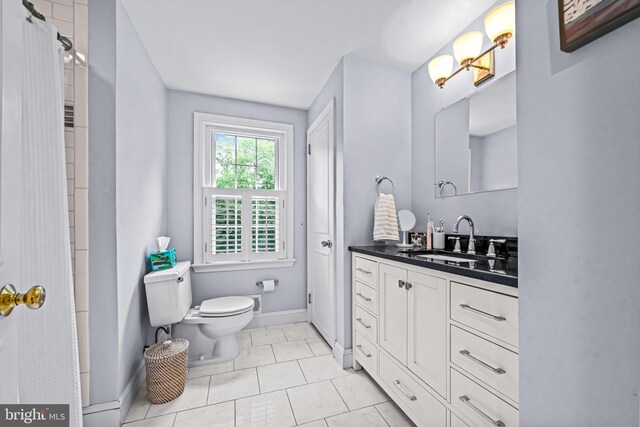 363 Colket Ln, Wayne, PA 19087 - full bathroom with vanity, toilet, baseboards, curtained shower, and tile patterned flooring