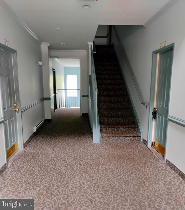 6527 Grange Ln Unit 202, Alexandria, VA 22315 - staircase featuring carpet, baseboards, a baseboard radiator, crown molding, and recessed lighting