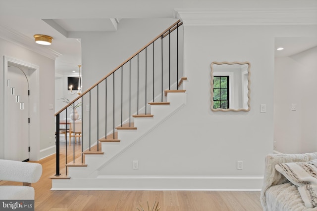 5376 28th St NW, Washington, DC 20015 - stairs featuring crown molding, wood finished floors, baseboards, and recessed lighting