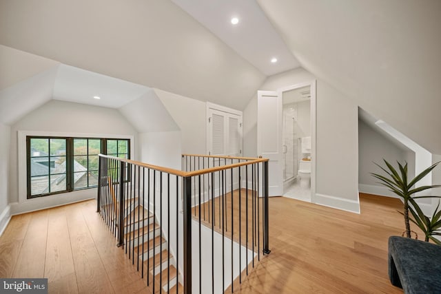 5376 28th St NW, Washington, DC 20015 - corridor featuring an upstairs landing, lofted ceiling, light wood-type flooring, baseboards, and recessed lighting