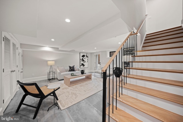 5376 28th St NW, Washington, DC 20015 - living room featuring stairway, recessed lighting, baseboards, and wood finished floors