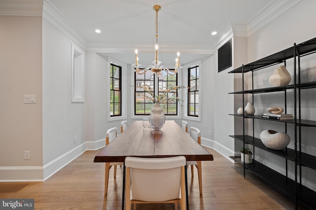 5376 28th St NW, Washington, DC 20015 - dining room featuring a chandelier, ornamental molding, wood finished floors, baseboards, and recessed lighting