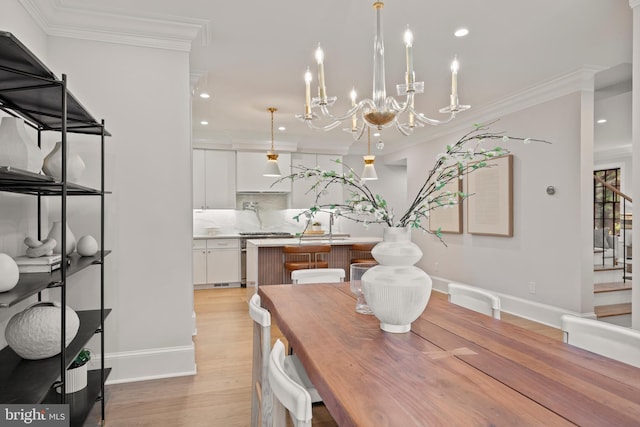 5376 28th St NW, Washington, DC 20015 - dining area with stairway, a chandelier, ornamental molding, light wood finished floors, and recessed lighting