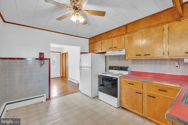 176 Morris Ave, Sewell, NJ 08080 - kitchen with range with electric stovetop, a baseboard radiator, light floors, under cabinet range hood, and freestanding refrigerator