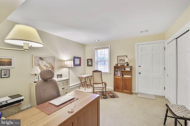 706 6th St SW, Washington, DC 20024 - office area with baseboard heating, light carpet, a baseboard radiator, and baseboards