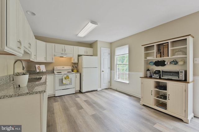35871 Devon Park Sq, Round Hill, VA 20141 - kitchen featuring white appliances, a sink, under cabinet range hood, a wainscoted wall, and open shelves