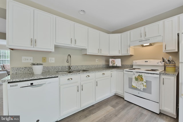 35871 Devon Park Sq, Round Hill, VA 20141 - kitchen featuring white appliances, under cabinet range hood, a sink, white cabinets, and light wood finished floors
