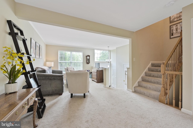 35871 Devon Park Sq, Round Hill, VA 20141 - carpeted living room with stairs, baseboards, and a chandelier