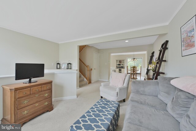 35871 Devon Park Sq, Round Hill, VA 20141 - living room with stairs, light carpet, a chandelier, baseboards, and ornamental molding