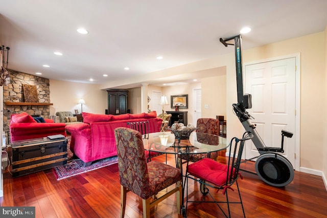 41 Musket Ct, West Chester, PA 19382 - dining room featuring a stone fireplace, hardwood / wood-style flooring, and recessed lighting