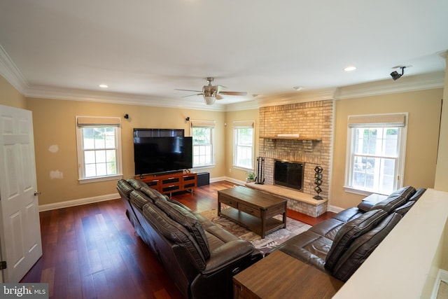5280 Ten Oaks Rd, Clarksville, MD 21029 - living room featuring plenty of natural light, dark wood-style floors, a ceiling fan, ornamental molding, and a brick fireplace