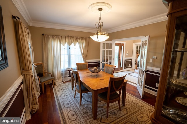 5280 Ten Oaks Rd, Clarksville, MD 21029 - dining area with french doors, crown molding, wainscoting, and dark wood-style floors