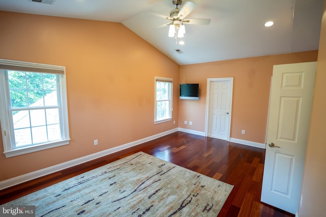 5280 Ten Oaks Rd, Clarksville, MD 21029 - unfurnished bedroom featuring dark wood-type flooring, lofted ceiling, multiple windows, recessed lighting, and a ceiling fan