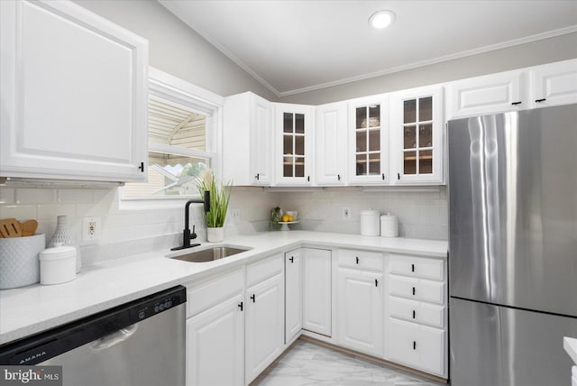 15 Charleswood Ct, Baltimore, MD 21207 - kitchen featuring stainless steel appliances, a sink, light marble finish floors, glass insert cabinets, and white cabinets