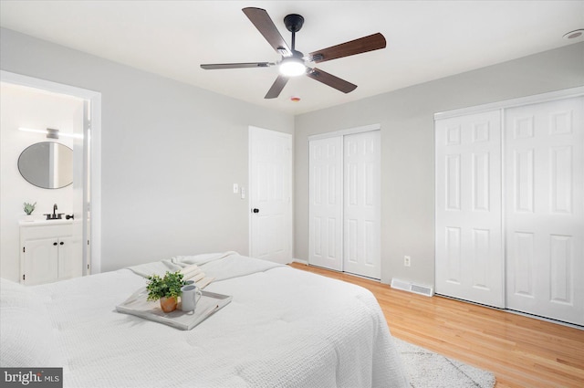 15 Charleswood Ct, Baltimore, MD 21207 - bedroom with two closets, light wood-style floors, ensuite bath, a sink, and ceiling fan