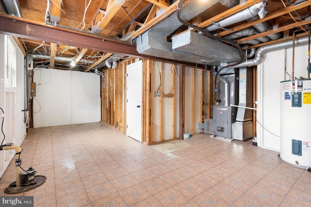 15 Charleswood Ct, Baltimore, MD 21207 - unfinished basement with electric water heater, heating unit, and brick patterned floors