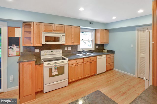 12110 Wilmont Turn, Bowie, MD 20715 - kitchen with white appliances, a sink, light wood finished floors, tasteful backsplash, and baseboards