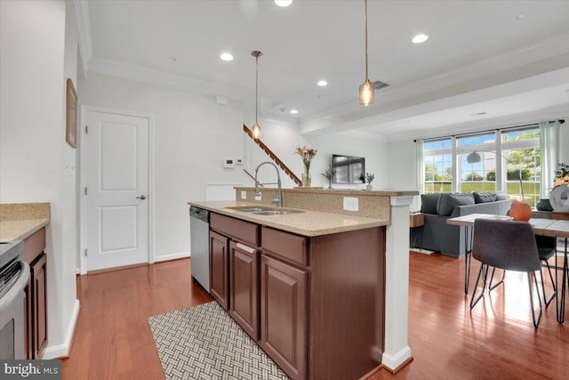21668 Pattyjean Ter Unit 0, Ashburn, VA 20147 - kitchen with a sink, stainless steel dishwasher, wood finished floors, ornamental molding, and open floor plan