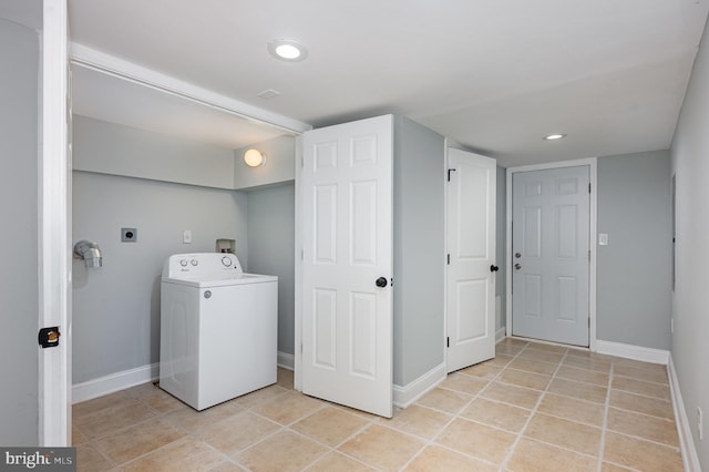 2621 E Monument St, Baltimore, MD 21205 - washroom with washer / dryer, baseboards, light tile patterned floors, and recessed lighting