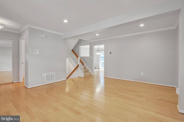308 Curry Ford Ln, Gaithersburg, MD 20878 - empty room with stairs, light wood finished floors, crown molding, and recessed lighting