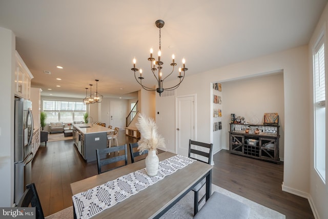 301 Star Tavern Ln, West Chester, PA 19382 - dining room featuring a chandelier, dark wood finished floors, recessed lighting, and baseboards