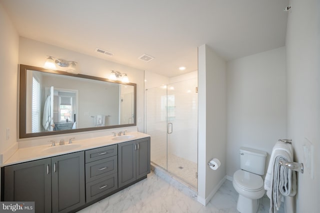 301 Star Tavern Ln, West Chester, PA 19382 - full bath featuring double vanity, marble look tiles, toilet, a stall shower, and baseboards