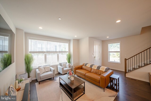 301 Star Tavern Ln, West Chester, PA 19382 - living room with wood finished floors, stairs, recessed lighting, and baseboards