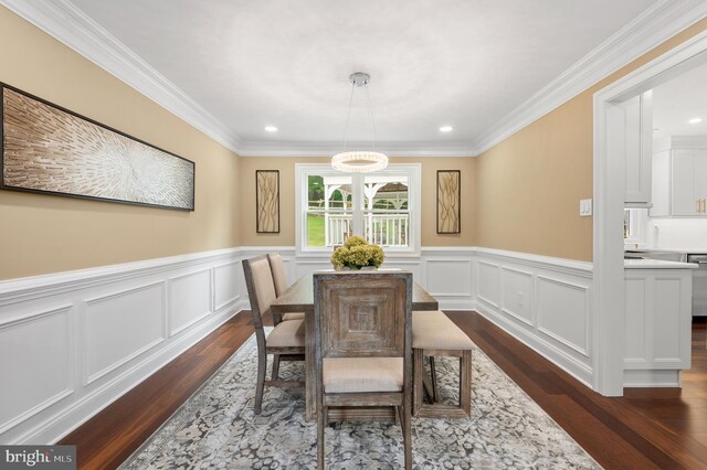 2006 Par Dr, Doylestown, PA 18901 - dining space with dark wood-type flooring, ornamental molding, recessed lighting, and a wainscoted wall