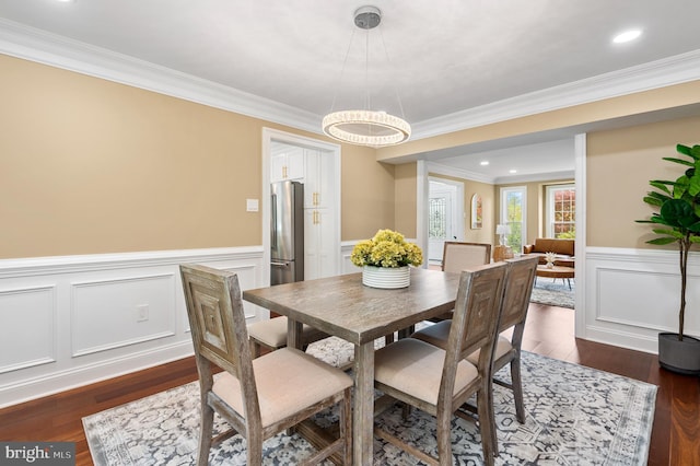 2006 Par Dr, Doylestown, PA 18901 - dining area with crown molding, wainscoting, dark wood-style flooring, recessed lighting, and a decorative wall