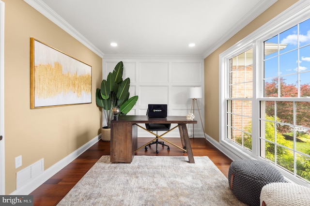 2006 Par Dr, Doylestown, PA 18901 - home office with crown molding, healthy amount of natural light, baseboards, recessed lighting, and dark wood-type flooring