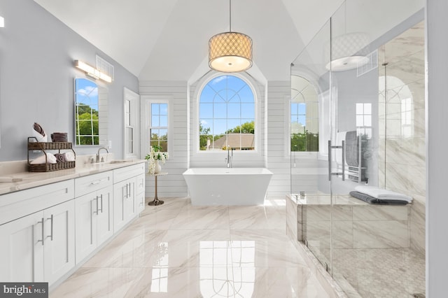2006 Par Dr, Doylestown, PA 18901 - bathroom featuring vanity, a freestanding tub, a stall shower, marble tiled floors, and high vaulted ceiling