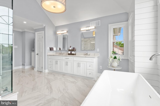 2006 Par Dr, Doylestown, PA 18901 - full bathroom featuring double vanity, a soaking tub, marble finish floors, baseboards, and vaulted ceiling