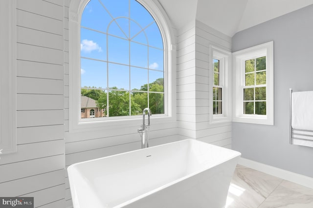 2006 Par Dr, Doylestown, PA 18901 - full bathroom with marble finish floors, a freestanding bath, baseboards, and lofted ceiling