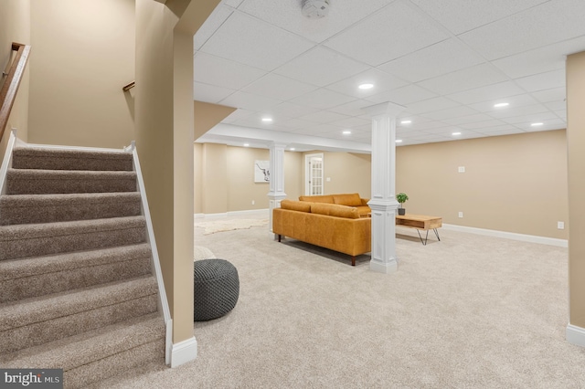 2006 Par Dr, Doylestown, PA 18901 - carpeted living room with stairs, recessed lighting, baseboards, and ornate columns