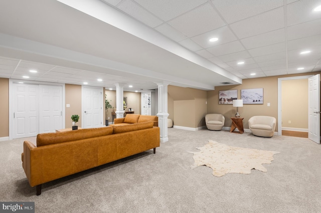 2006 Par Dr, Doylestown, PA 18901 - carpeted living room featuring a paneled ceiling, recessed lighting, baseboards, and decorative columns