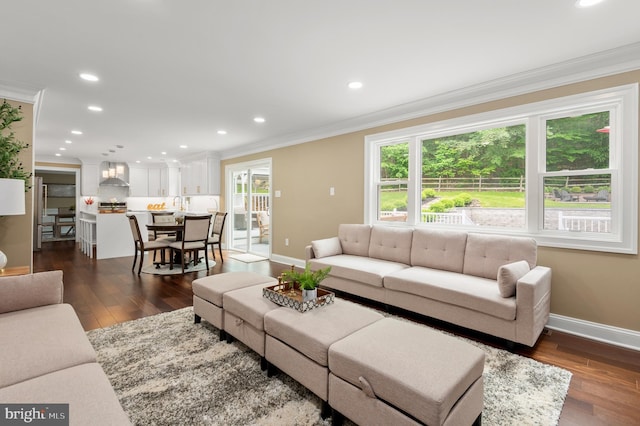 2006 Par Dr, Doylestown, PA 18901 - living area with ornamental molding, baseboards, plenty of natural light, dark wood-type flooring, and recessed lighting